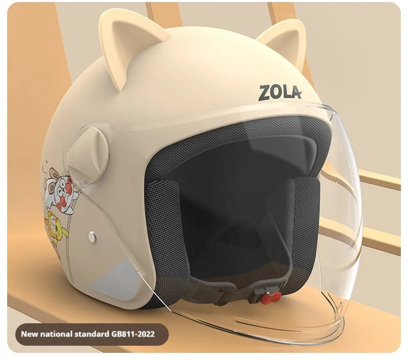 Winter electric bicycle helmet with anti-fog visor and attached fleece scarf in blue colour