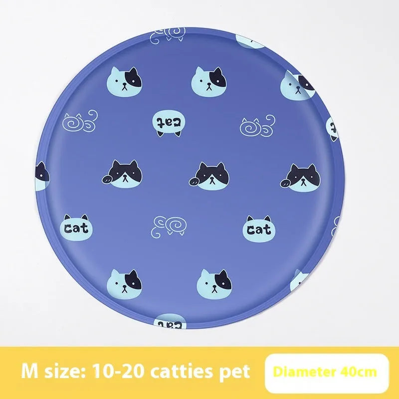Round pet cooling mat with cartoon animal design showing gel technology for dogs