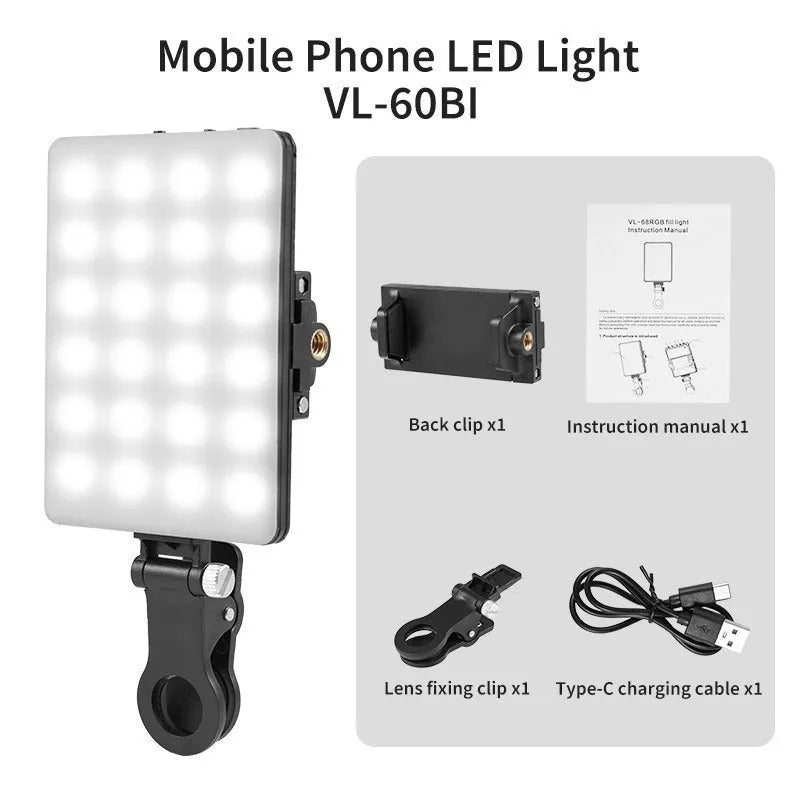 Pocket LED fill light with mobile phone clip attachment for portable photo shooting