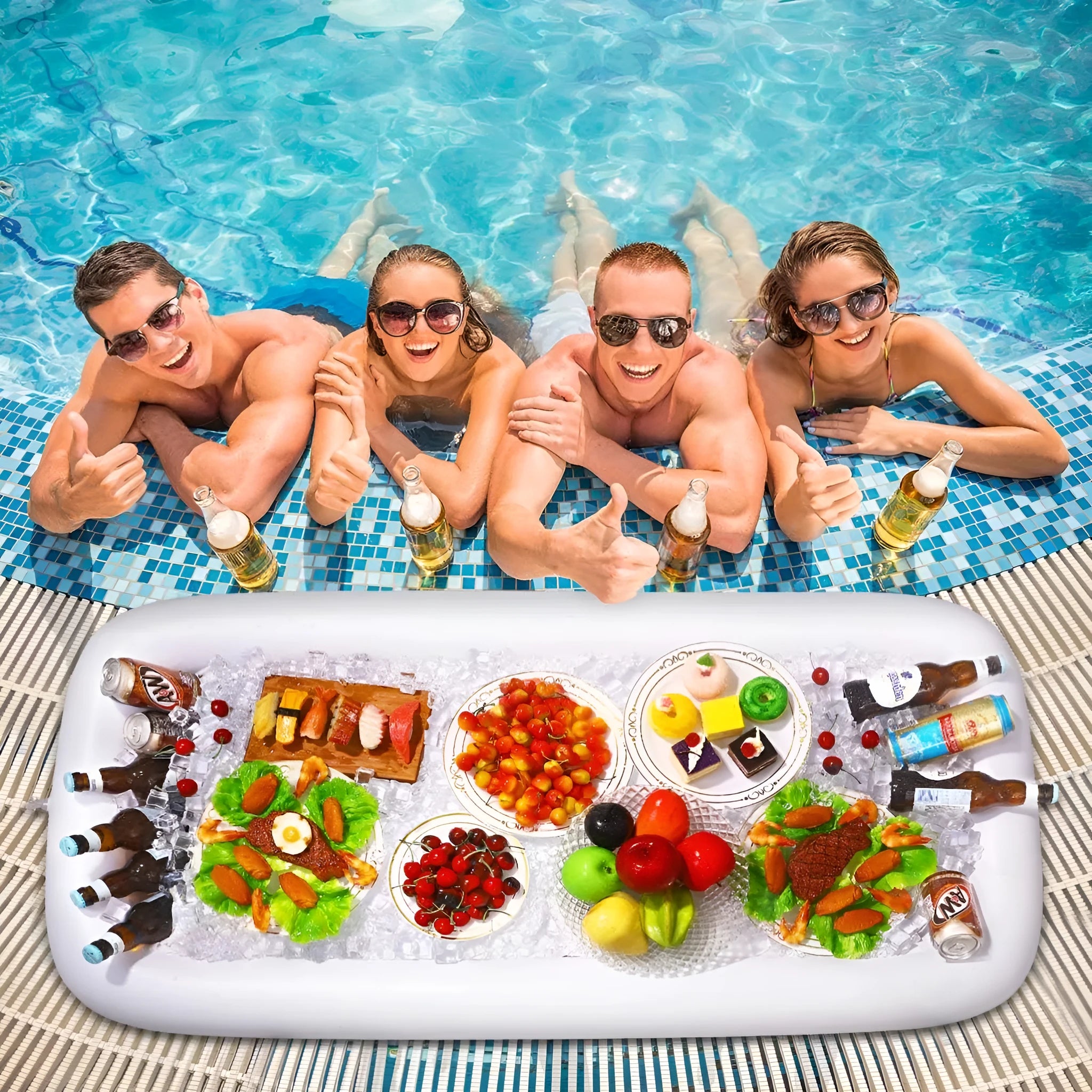 Inflatable PVC ice bar for parties shown in two sizes with optional silver grey cup holder and yellow ice bucket accessories.