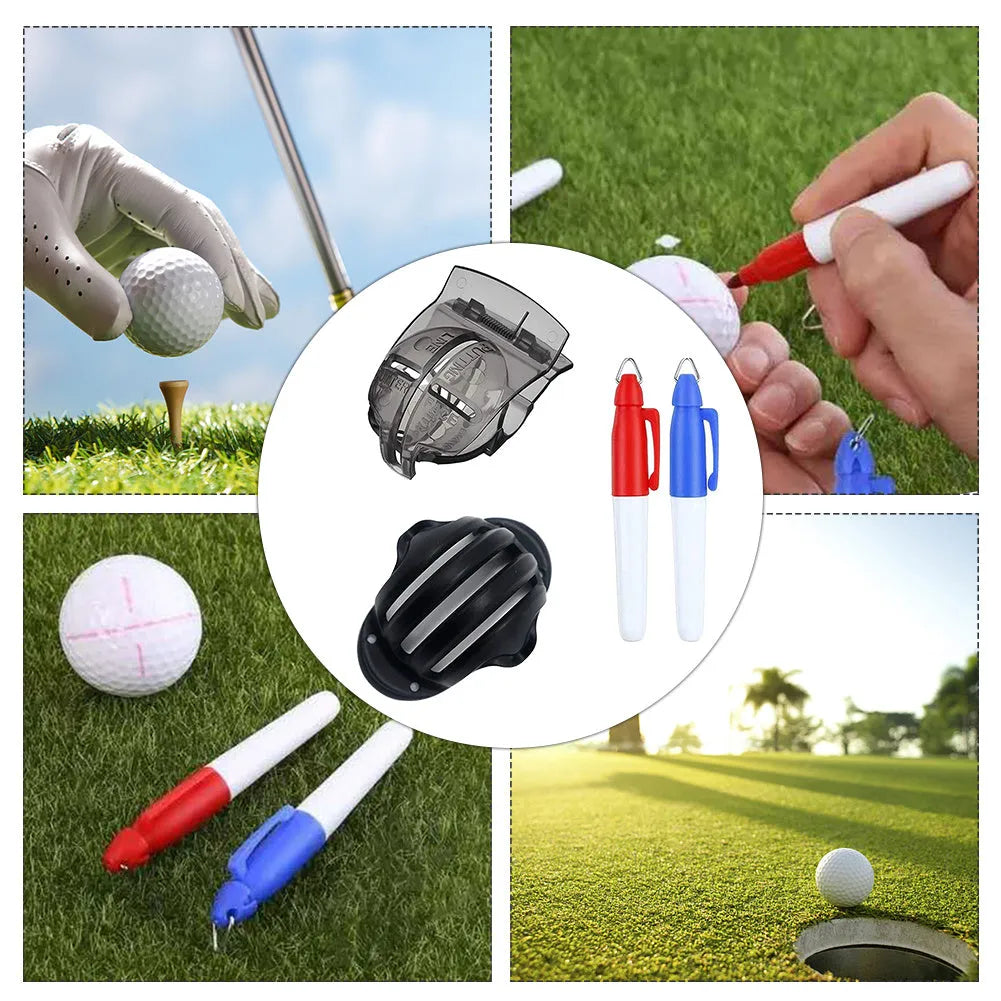 Golf ball line drawing kit with two plastic alignment tools and two mini permanent markers in red and blue
