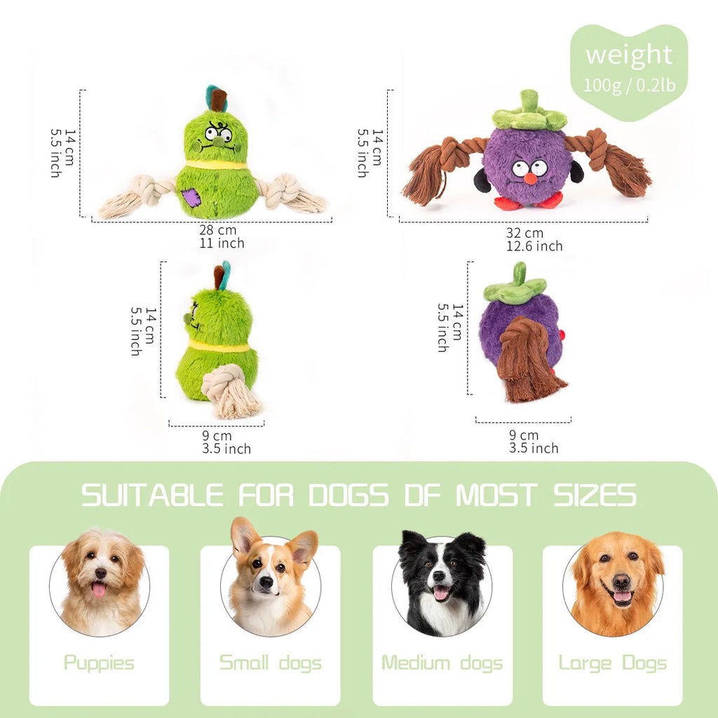 Green and purple interactive plush rope knot dog toy for tug of war and chewing.