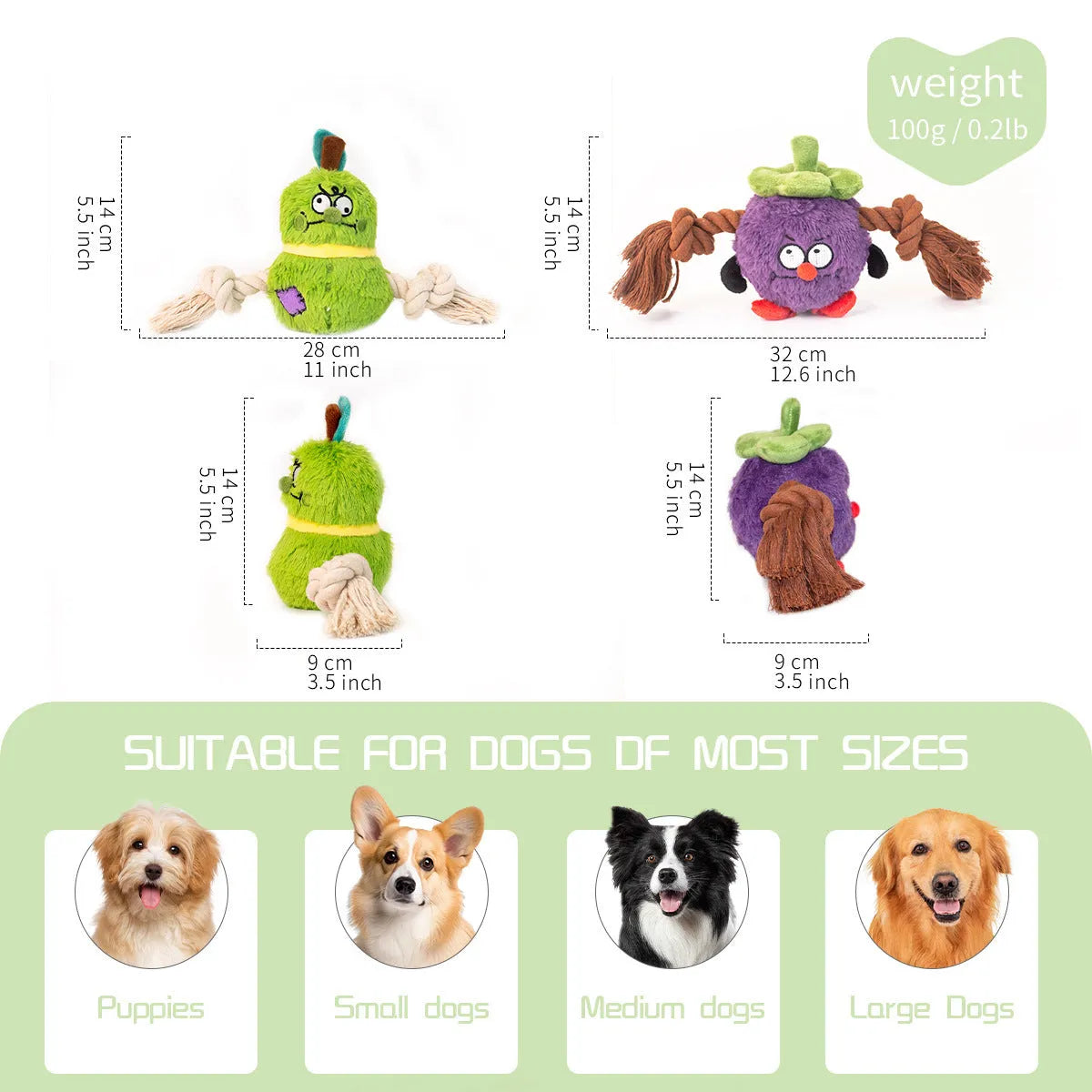Green and purple interactive plush rope knot dog toy for tug of war and chewing.