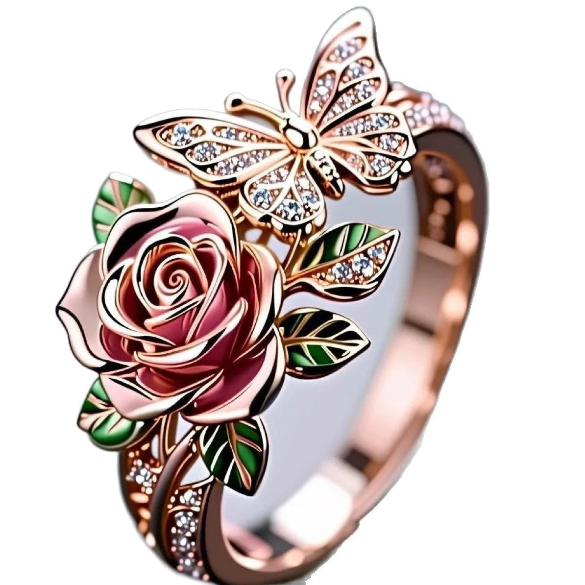 Adjustable oil drip butterfly personality ring showing colourful fairy style design with flower and insect modelling