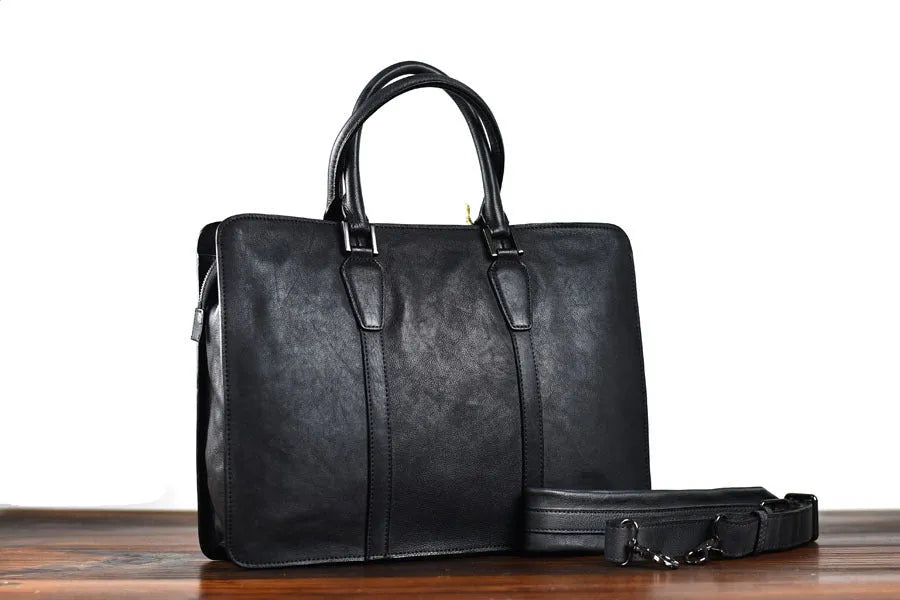Men's 14-inch horizontal leather business handbag in khaki colour with zipper closure