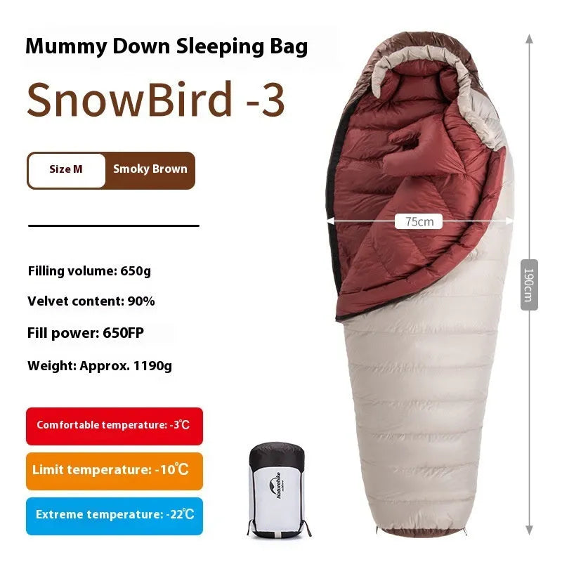 Mummy style goose down sleeping bag with storage bag for camping
