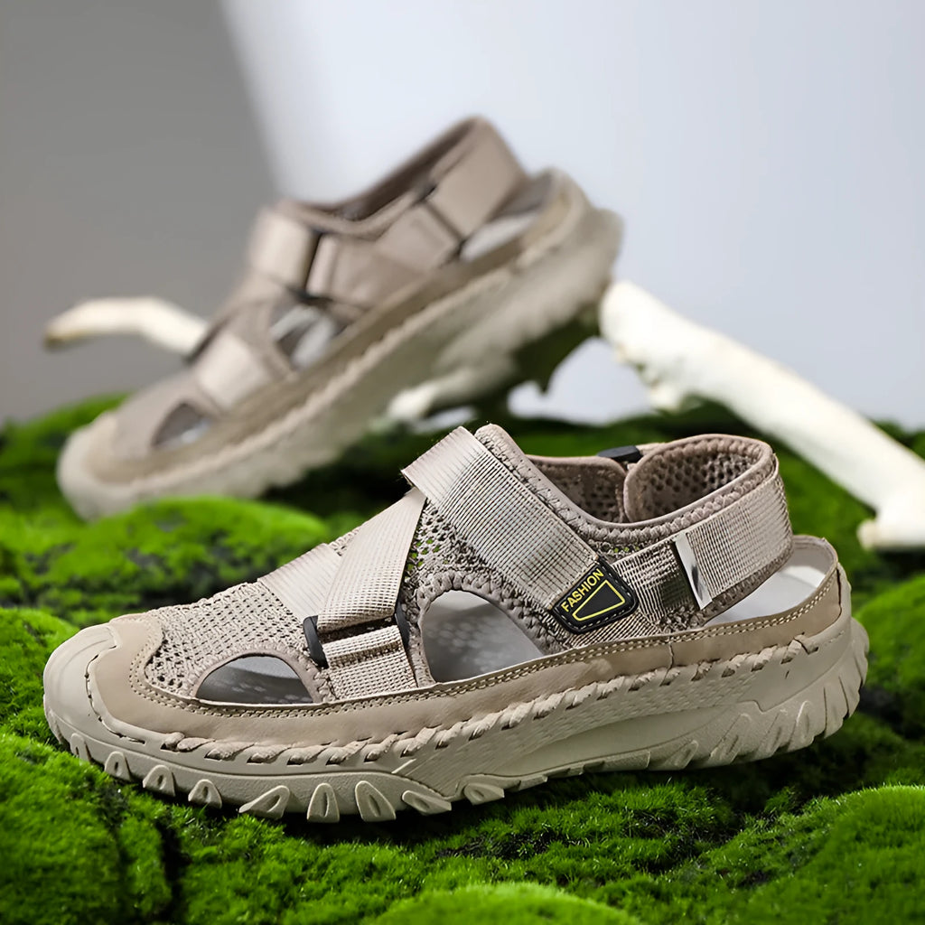 Men's casual leather sandals with mesh lining in grey, wheat, or milk tea colour on a rubber sole
