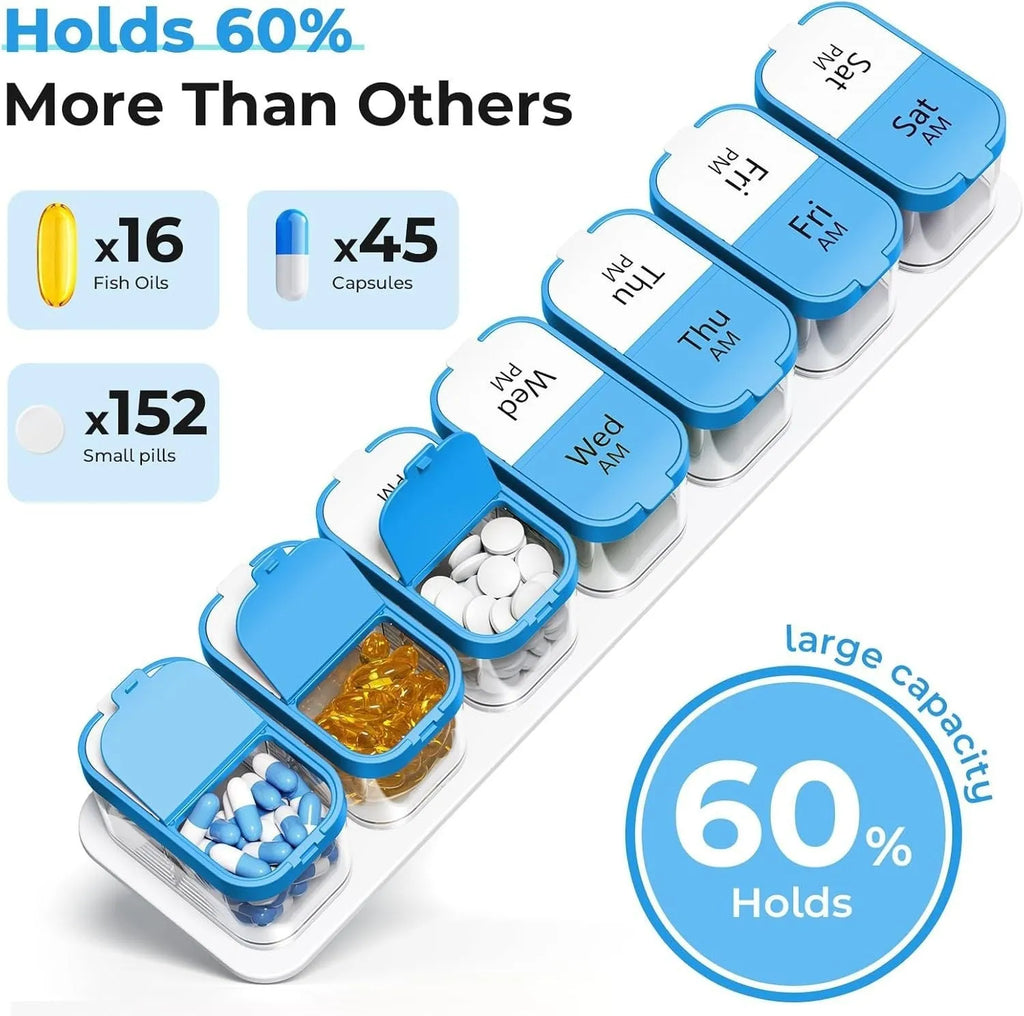 White and rainbow coloured portable pill box dispenser with 14 removable compartments shown open.