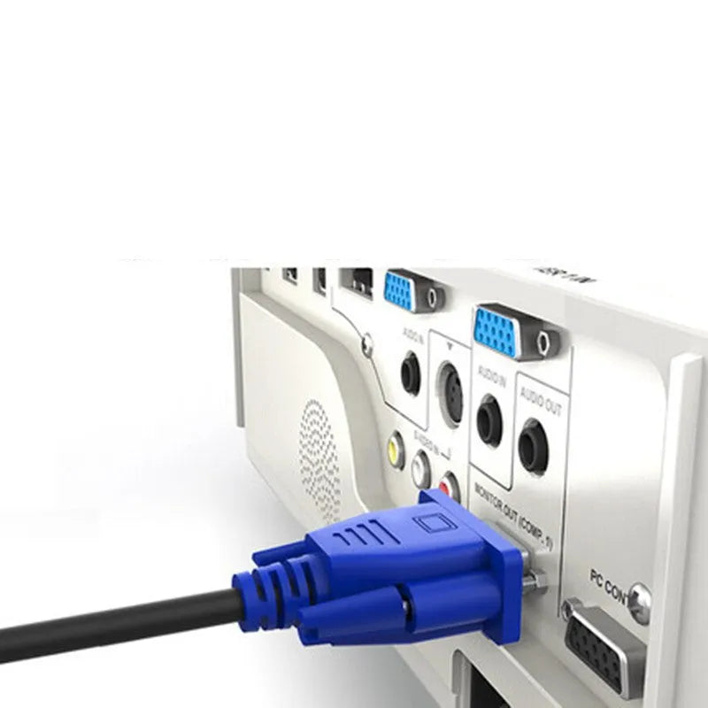 Black VGA cable with blue connector heads, 1.5 metres long, for connecting computers to monitors and TVs.
