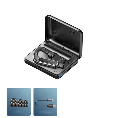 Black Bluetooth earphones with a charging warehouse case and silicone ear caps on a table.