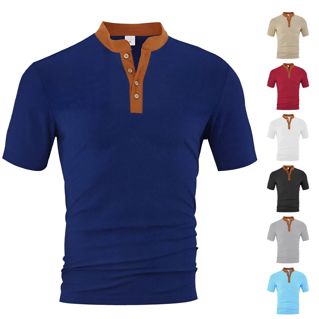 Casual loose polyester button-up short sleeve men's shirt in khaki