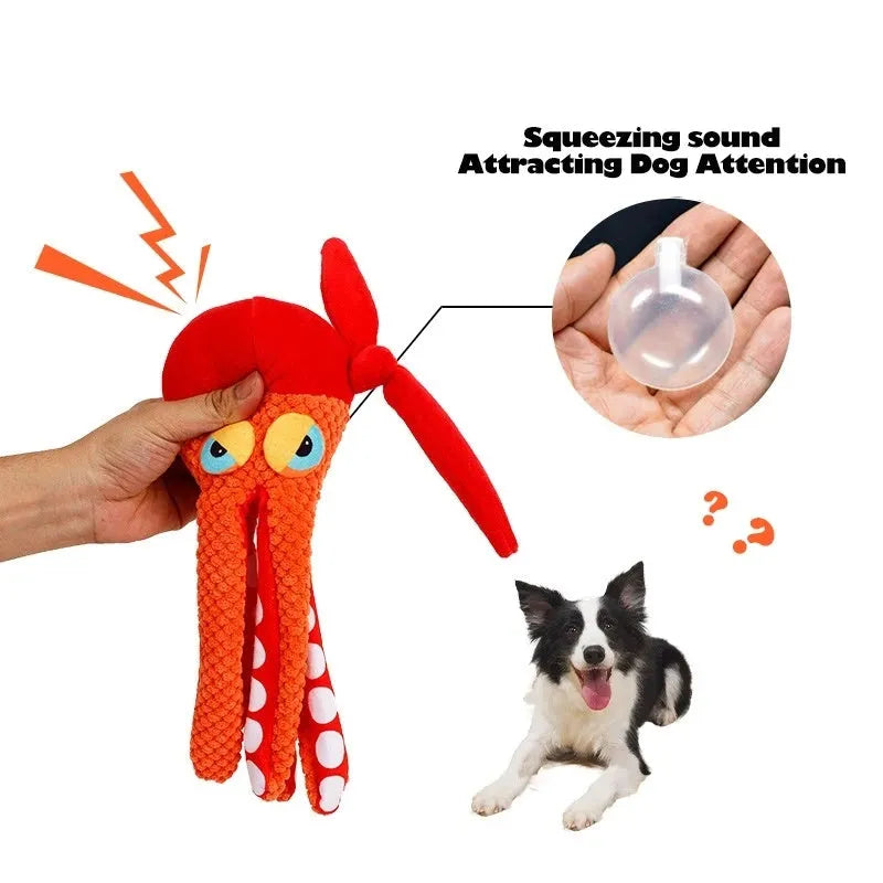 Orange octopus plush dog chew toy with tentacles for dental cleaning and hidden squeaker