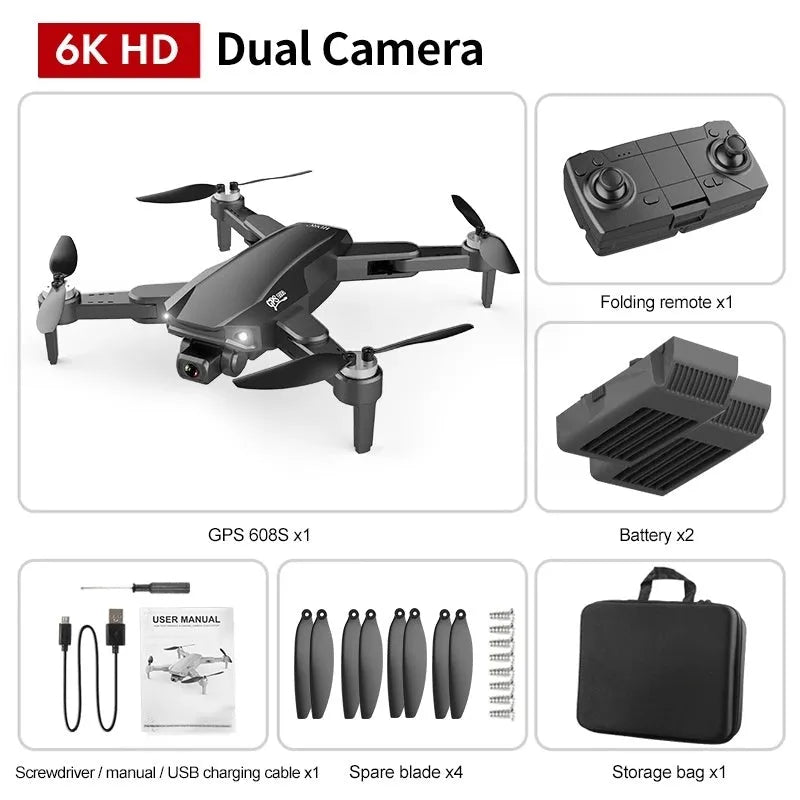 S608 PRO quadcopter in orange with dual cameras, foldable propellers, and GPS module on black background