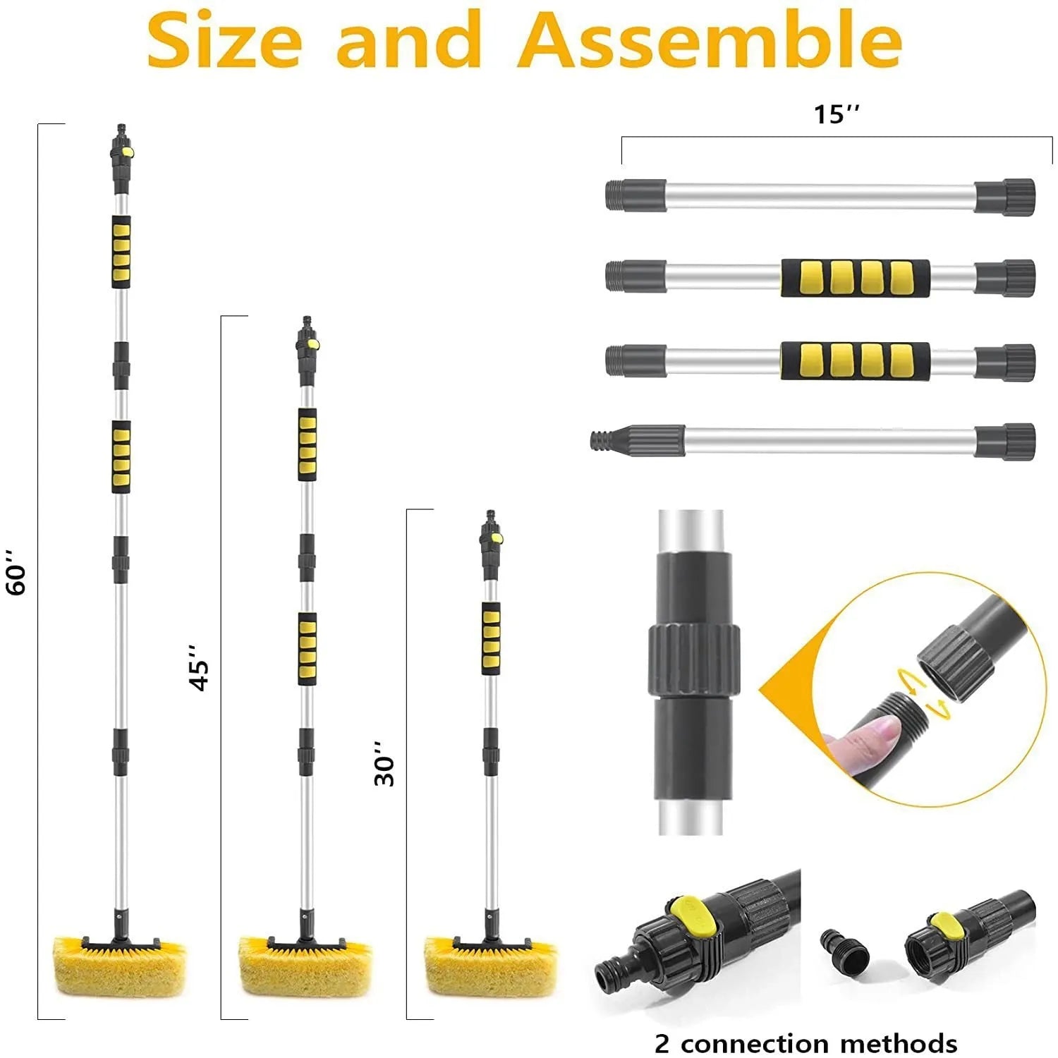 Yellow car wash brush with removable four-section rod and flow-through brush head design