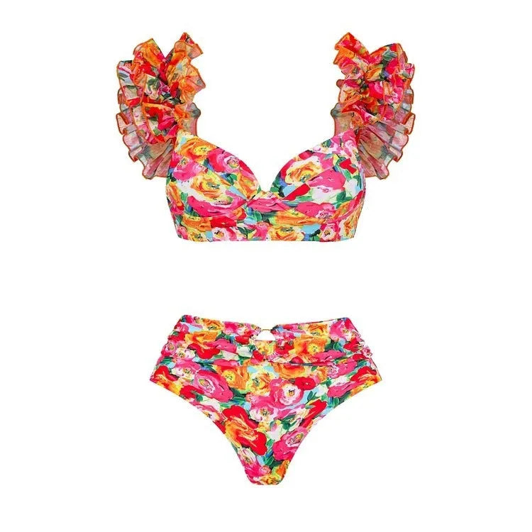 Women's floral print high waist push up bikini swimsuit set with a skirt.