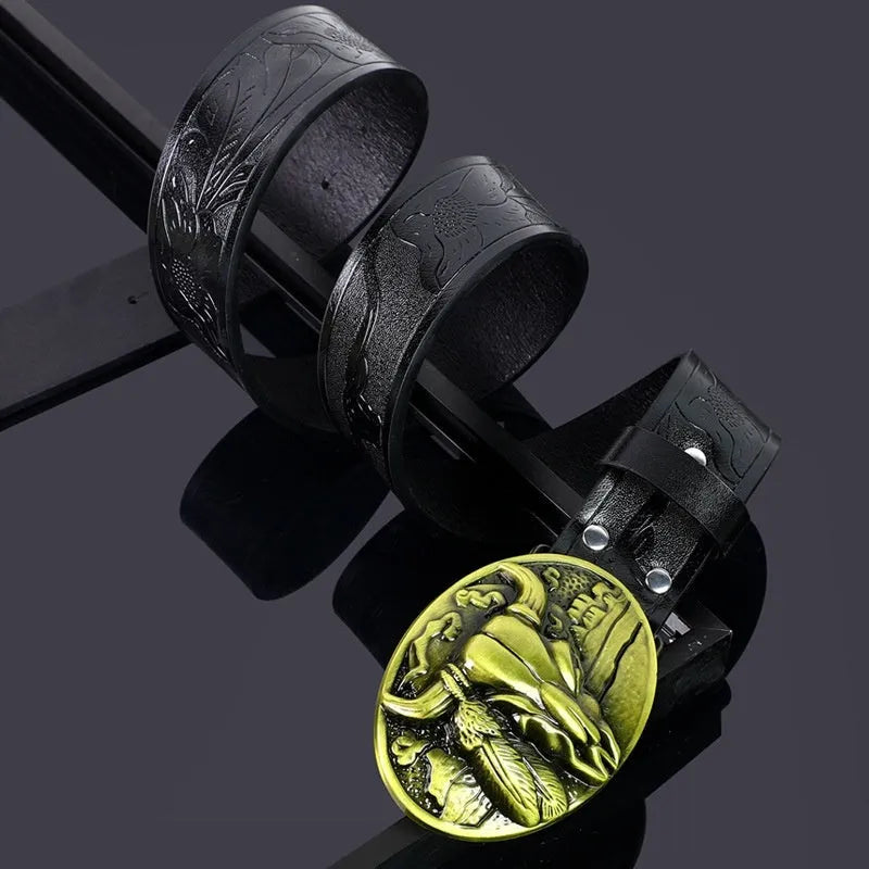 Men's brown imitation leather belt with a detailed silver alloy cow head buckle and pin buckle fastening.