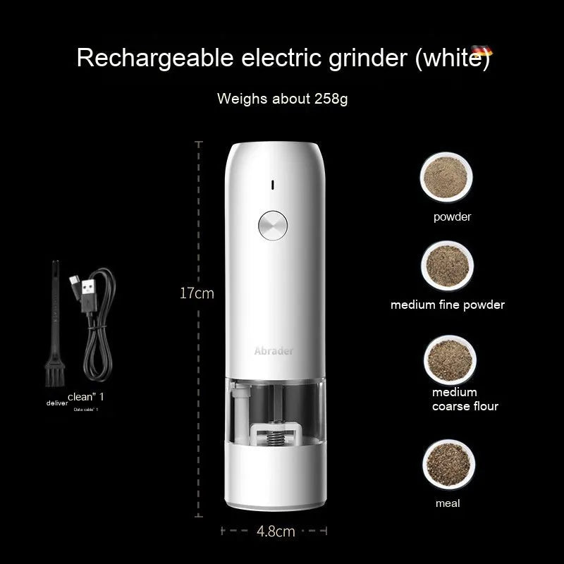 USB rechargeable electric spice grinder with clear acrylic body and ceramic mechanism
