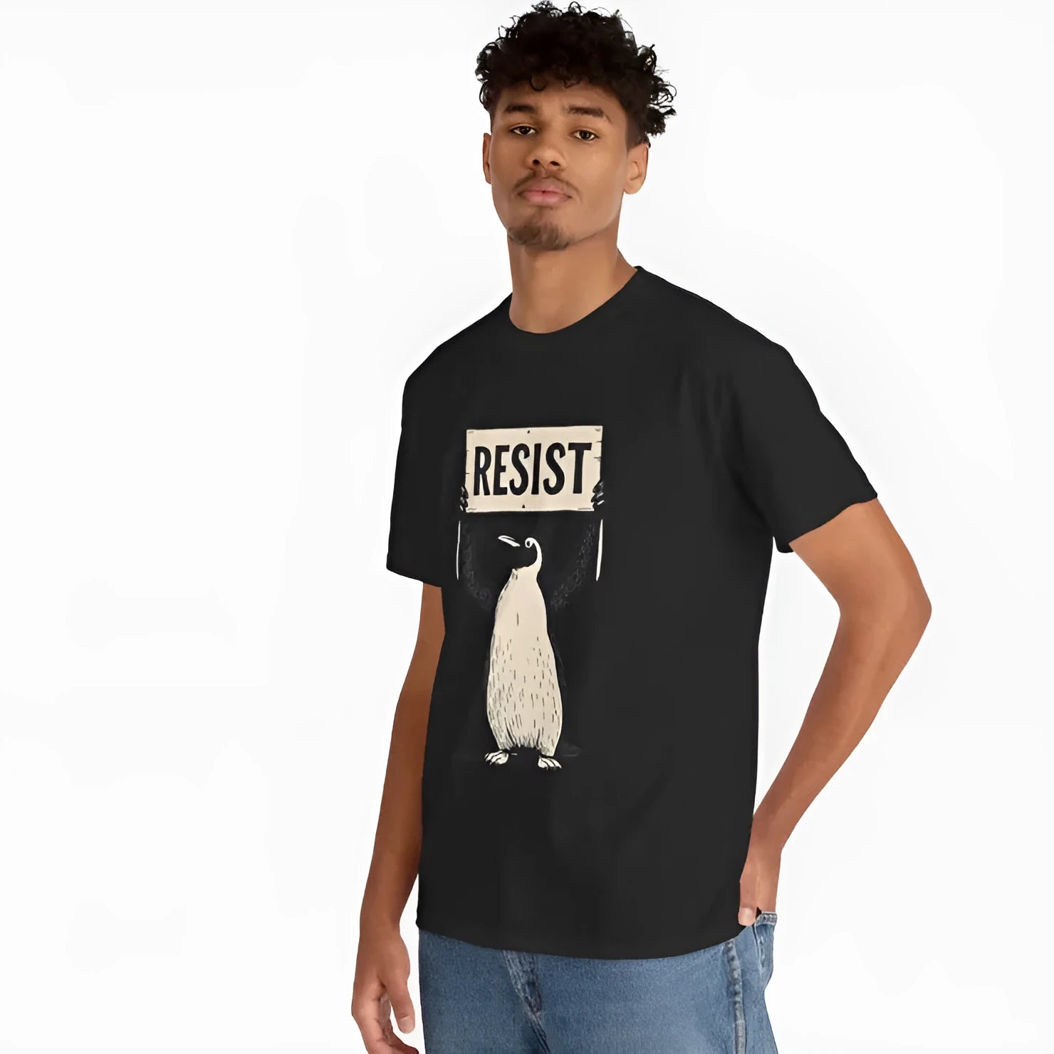 Straight-cut short-sleeve cotton t-shirt in black, laid flat, showing round neckline and hem detail.