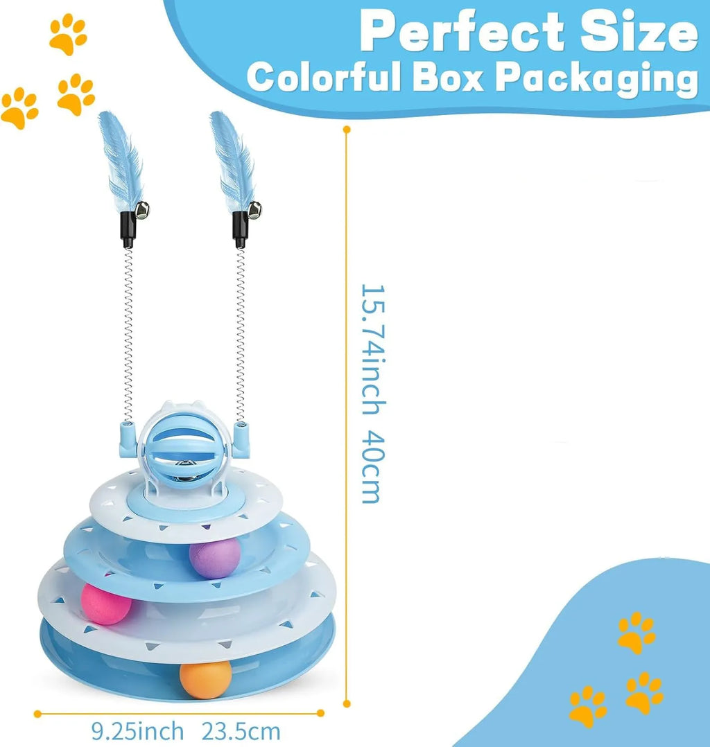 Blue 4-tier interactive cat toy carousel with balls and teasing rods