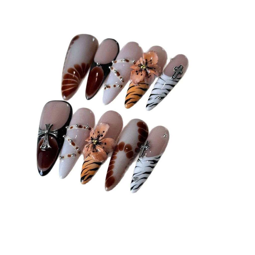 French style leopard print nail stickers with cross and floral patterns in wear-resistant long tip design