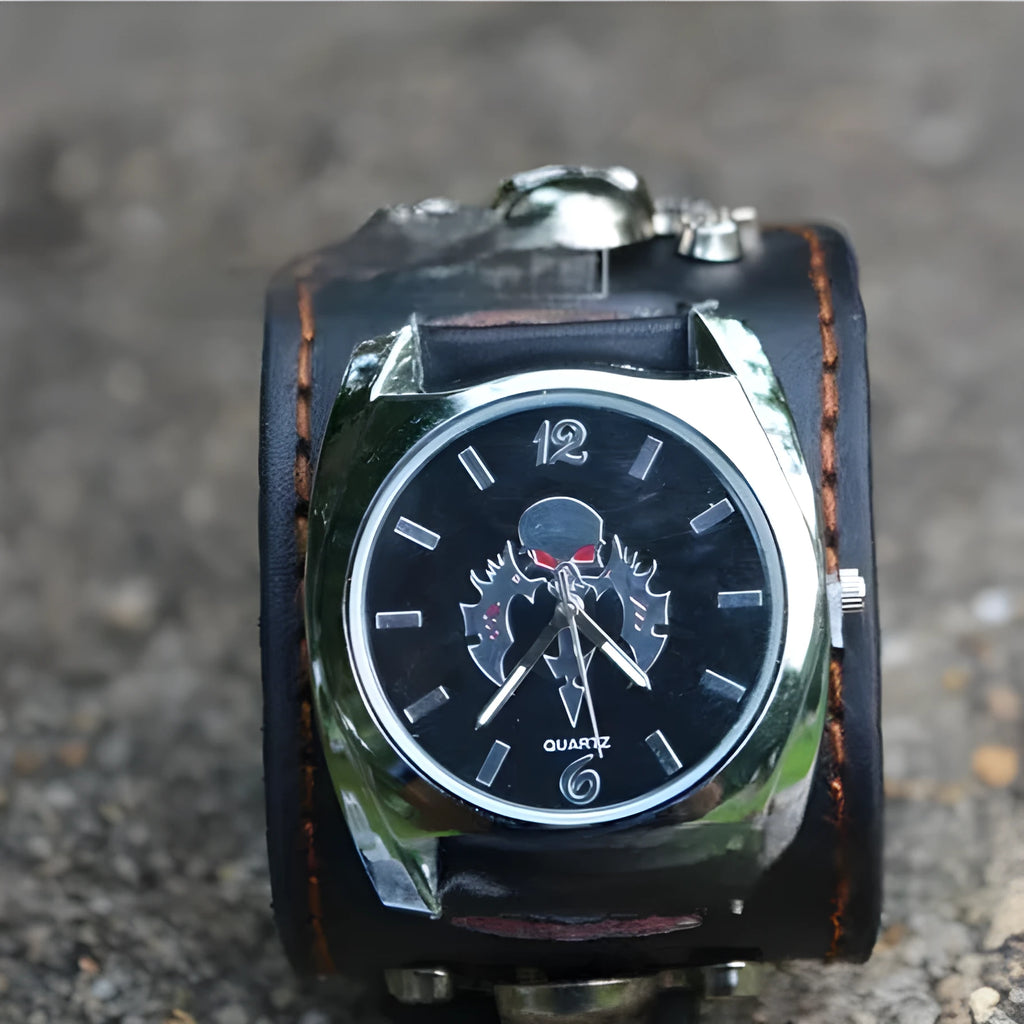 Men's black skull square watch with 10mm thickness on a grey background