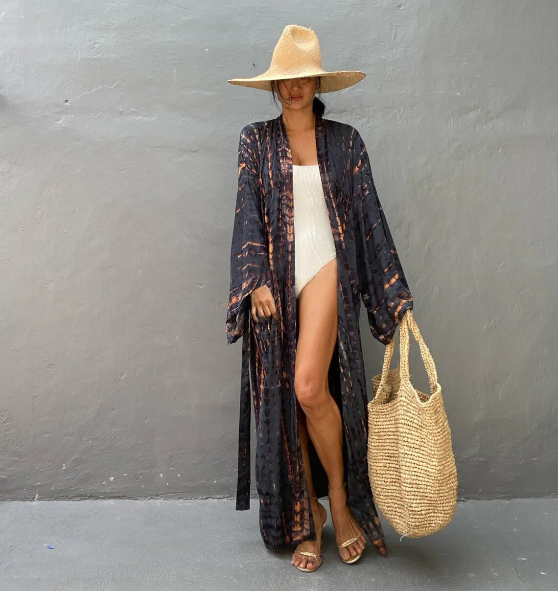 Printed loose-fit cotton beach cover-up shirt for sun protection over swimwear