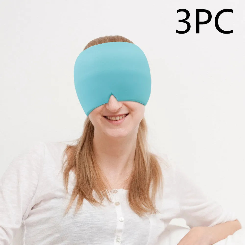 Black elastic cloth cooling gel eye mask for headache relief showing adjustable fit