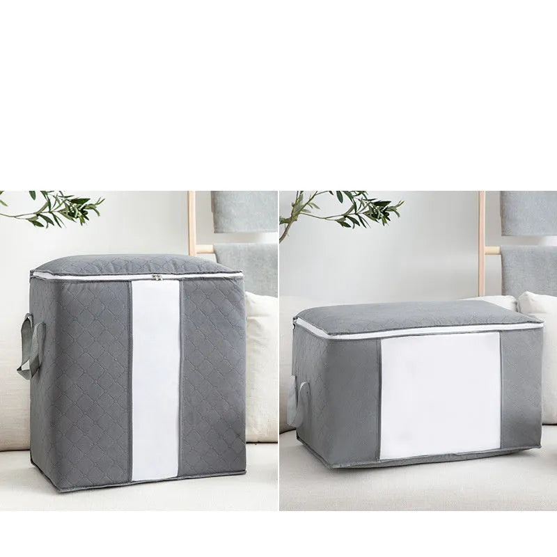 Non-woven fabric storage organiser bag for quilts and clothes in beige colour.