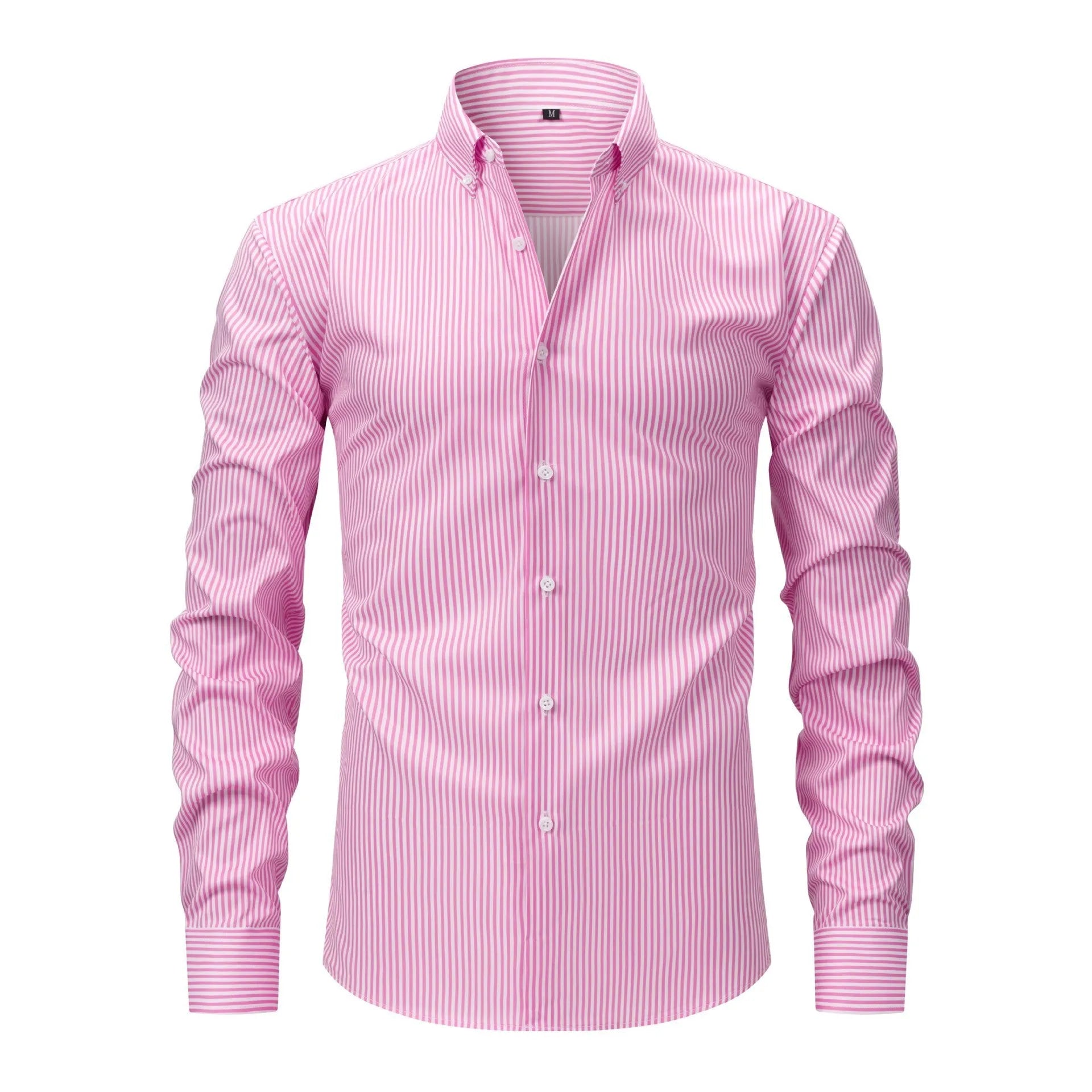 A striped non-ironing men's long-sleeved business shirt with a lapel collar.