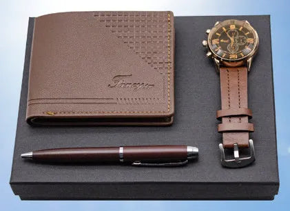 Creative holiday gift set showing a brown wallet, pen, and watch presented in an elegant paper gift box.