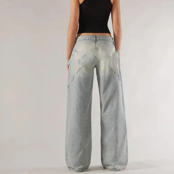 Women's loose straight wide leg cotton trousers with low waist and splicing detail in blue colour