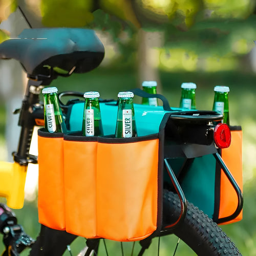 Black and blue orange double-sided bicycle drink bag with 2L capacity made from 600D PVC.