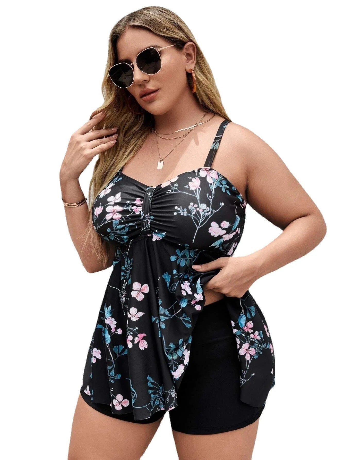 Women's floral print one-piece swimsuit with split colour design on high elasticity fabric.