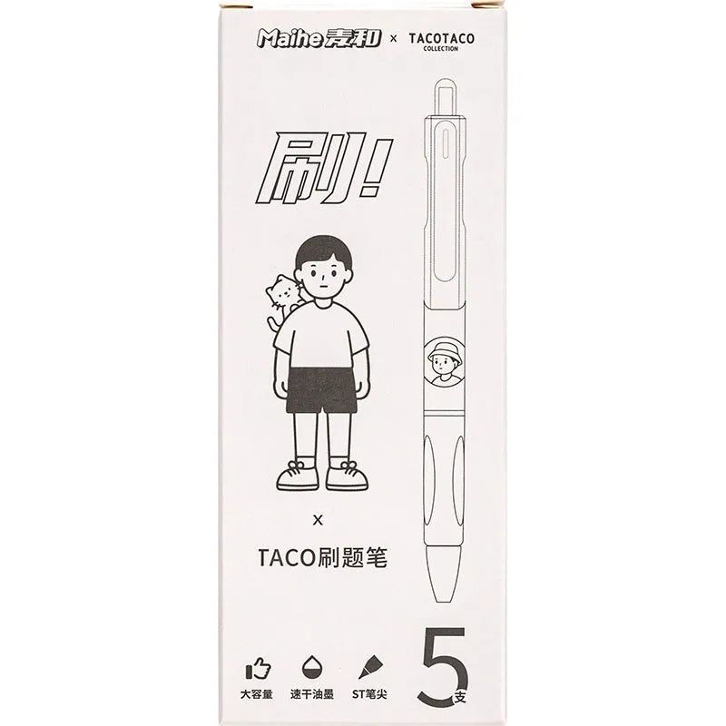 Five black plastic ballpoint pens with 0.5mm tips for exam writing