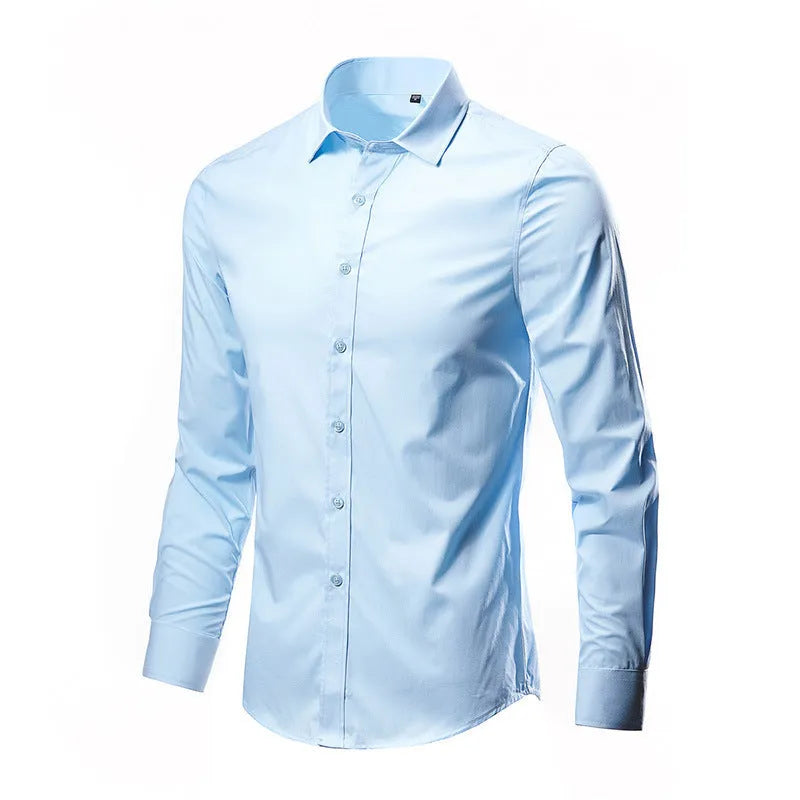 Loose fit long sleeve linen shirt on a hanger, shown in a light colour.