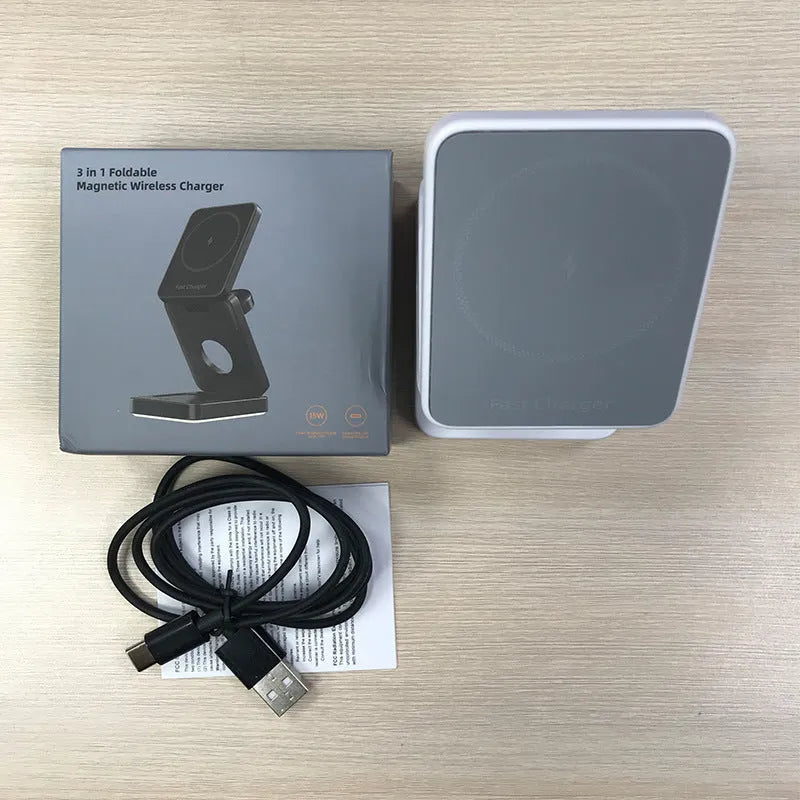 Three-in-one folding magnetic wireless charger in black with USB cable