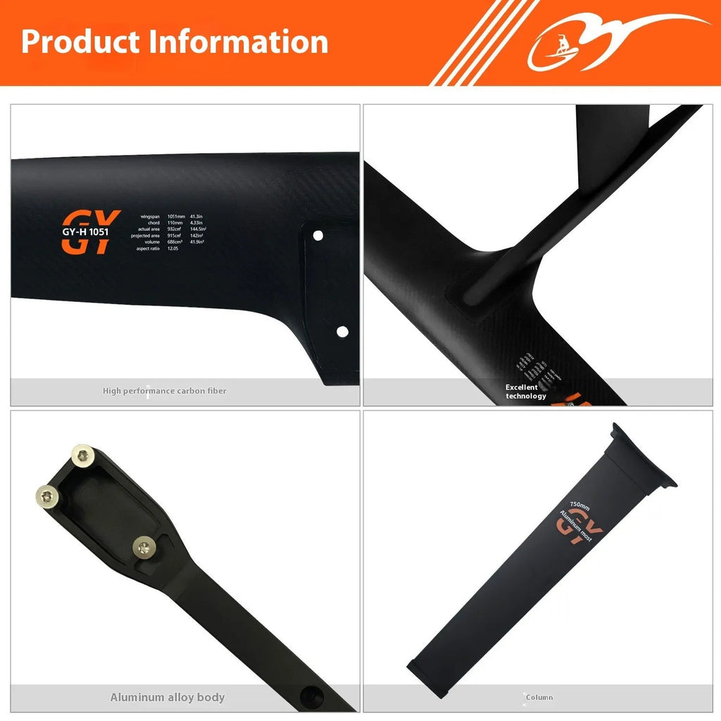 Black carbon fibre racing hydrofoil with 1051mm aluminium front wing for unpowered surfing