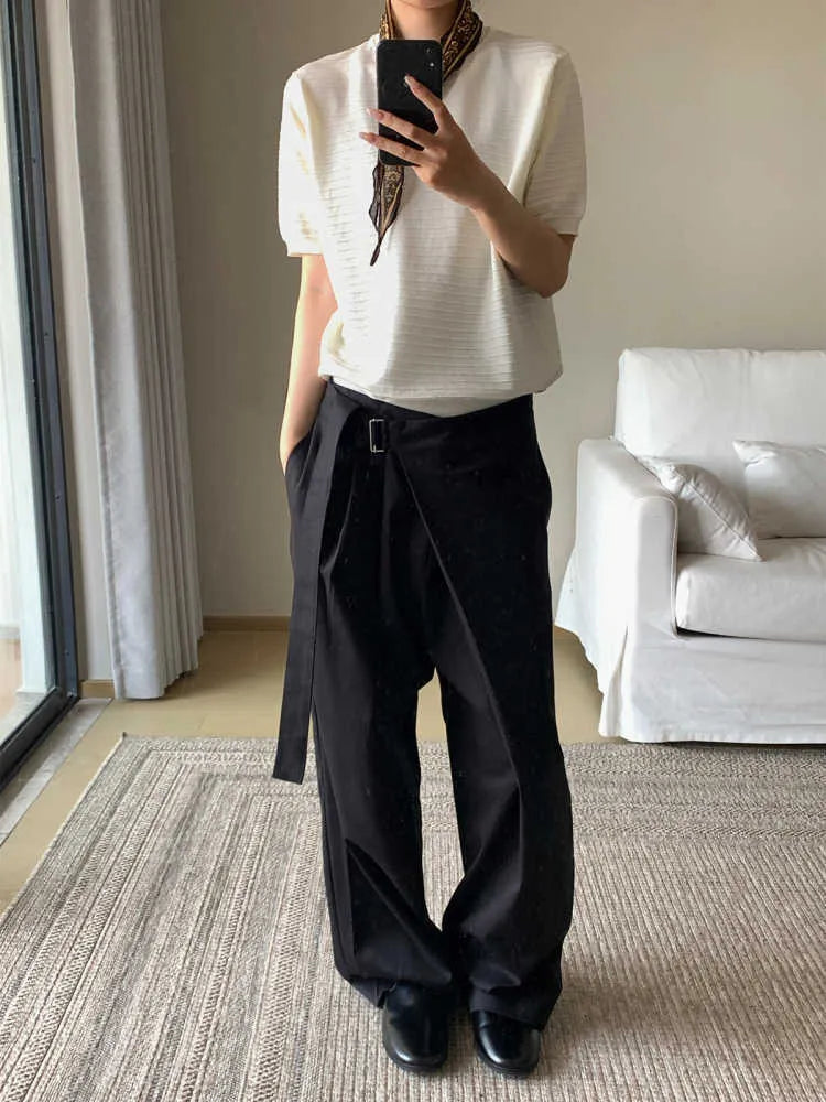 Black straight-leg trousers with adjustable waistband and single pleated front detail