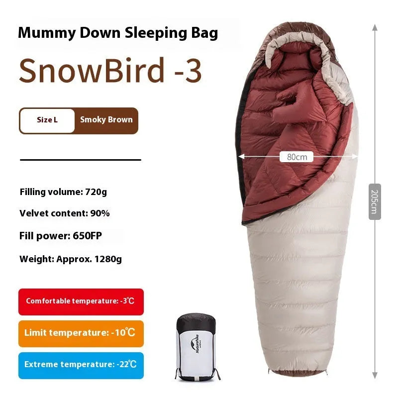 Mummy style goose down sleeping bag with storage bag for camping