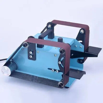 Blue desktop dual-axis belt sander with two sanding belts, variable speed control, and a 750W motor.