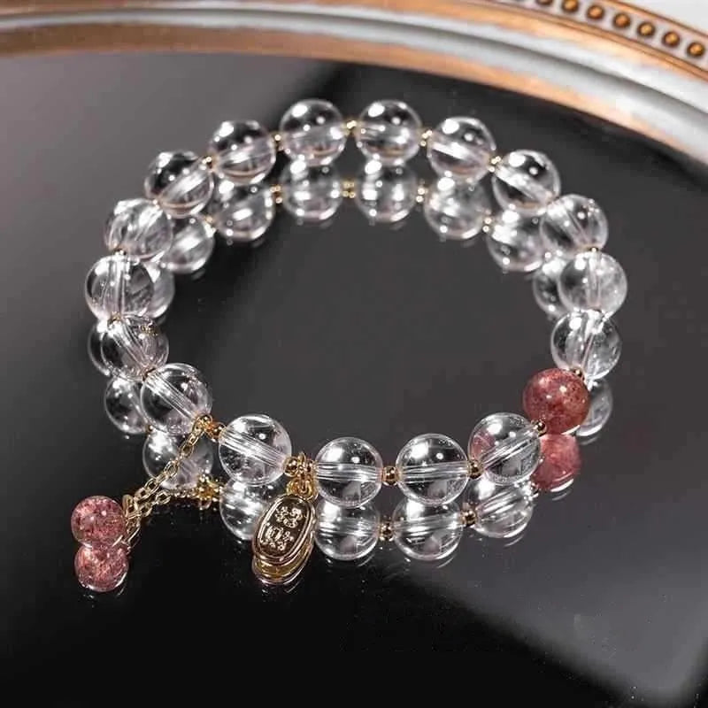Handmade natural white crystal bracelet with strawberry beads in gift box