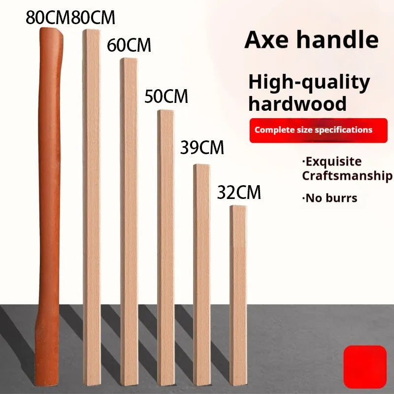 Assortment of locust wood replacement handles for axes, sickles, and hoof hoes in different lengths on a workbench.