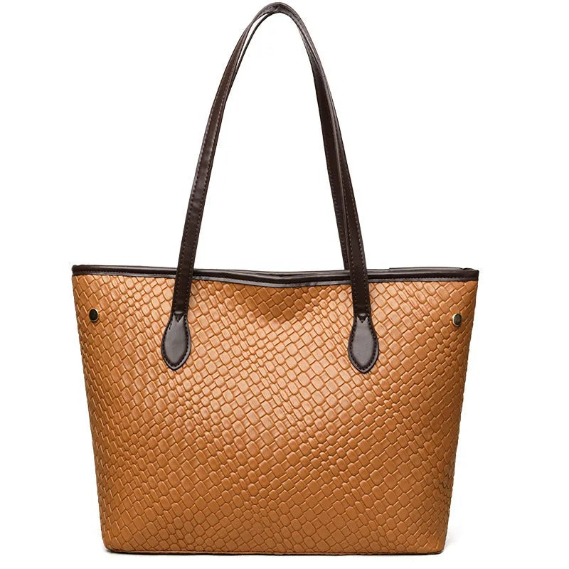 Retro commuter women's large capacity handbag in brown with horizontal square shape and sandwich pocket