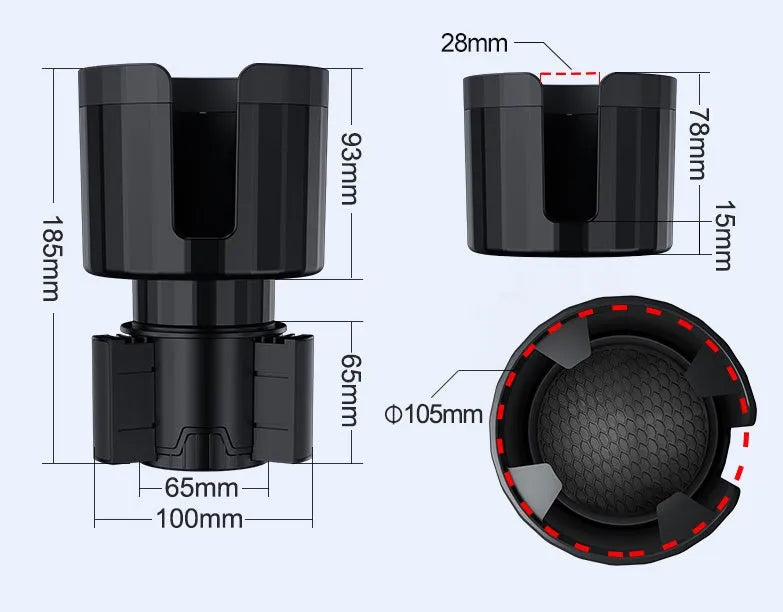Matte black adjustable car cup holder expander for oversized bottles and large cups
