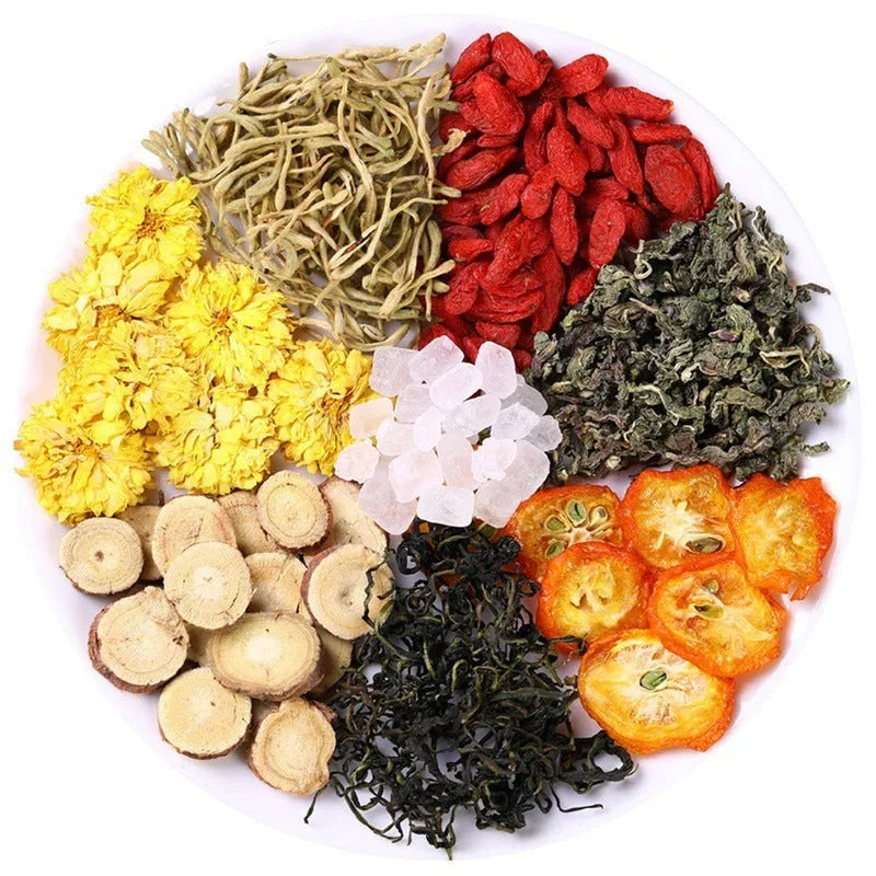 Box of honeysuckle chrysanthemum herbal tea showing packaging options and bonus teacups