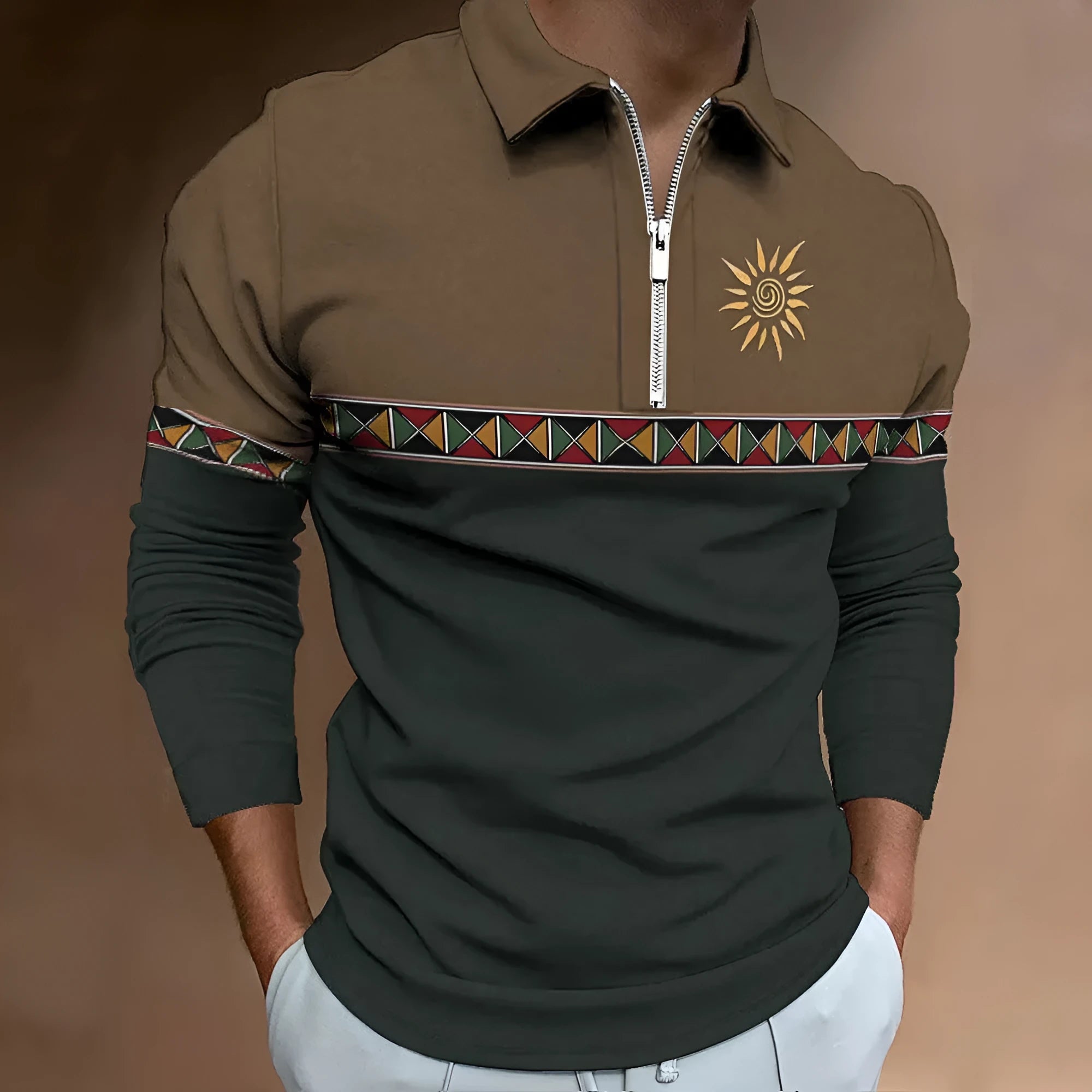 Men's retro print golf T-shirt with stripe pattern and zip details in loose fit