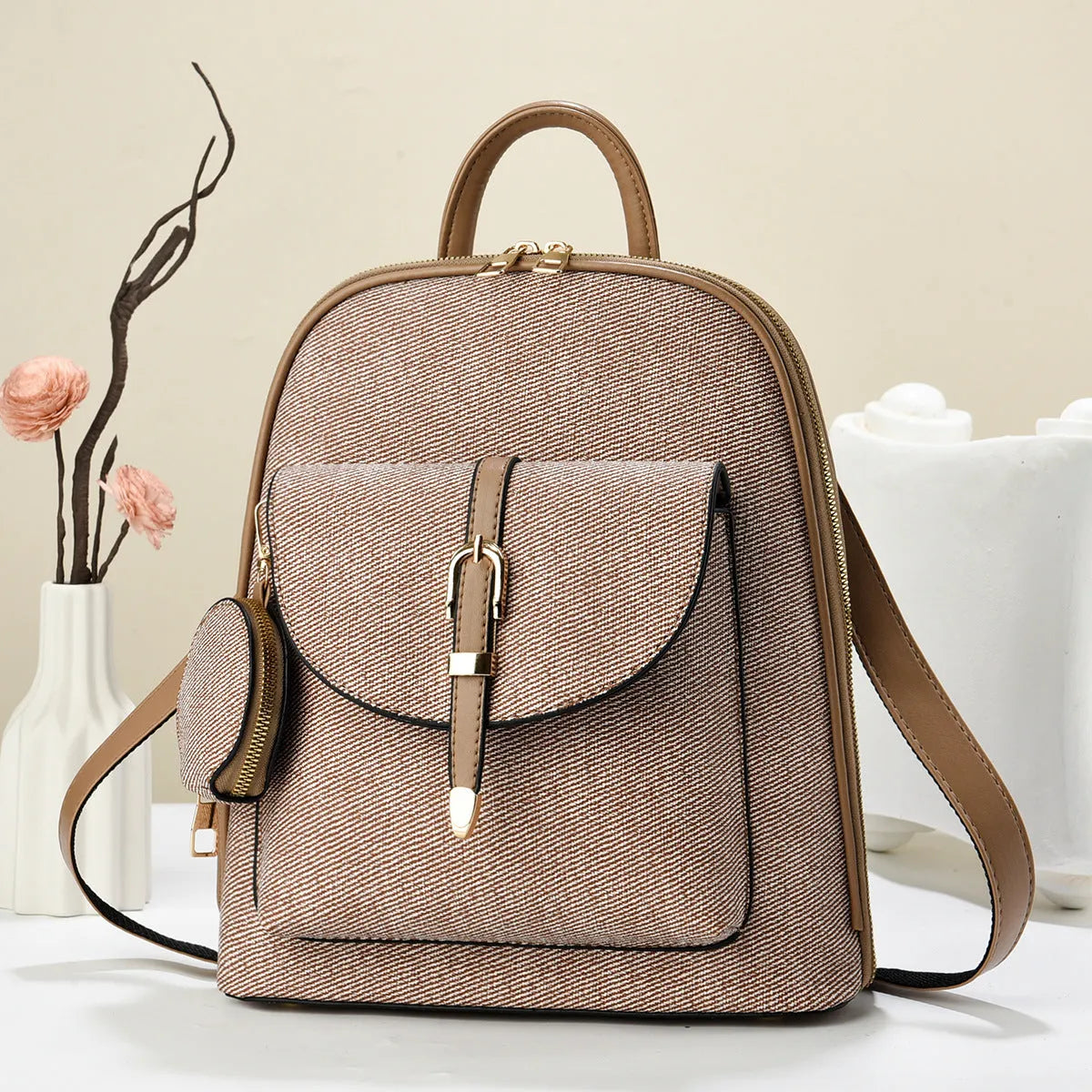 Multi-functional one-shoulder ladies travel backpack crossbody bag in PU shell shape with sandwich pocket, apricot colour, 31x28x11cm