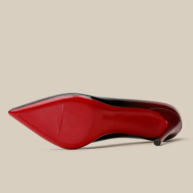 Patent leather black red gradient high heels with stiletto heel and pointed toe in super high heel style