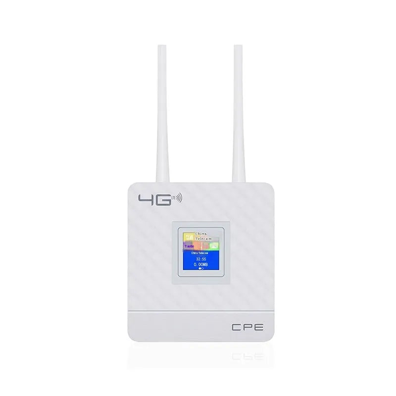 White LTE router with two external antennas, USB cable, and power adapter for home office internet connectivity