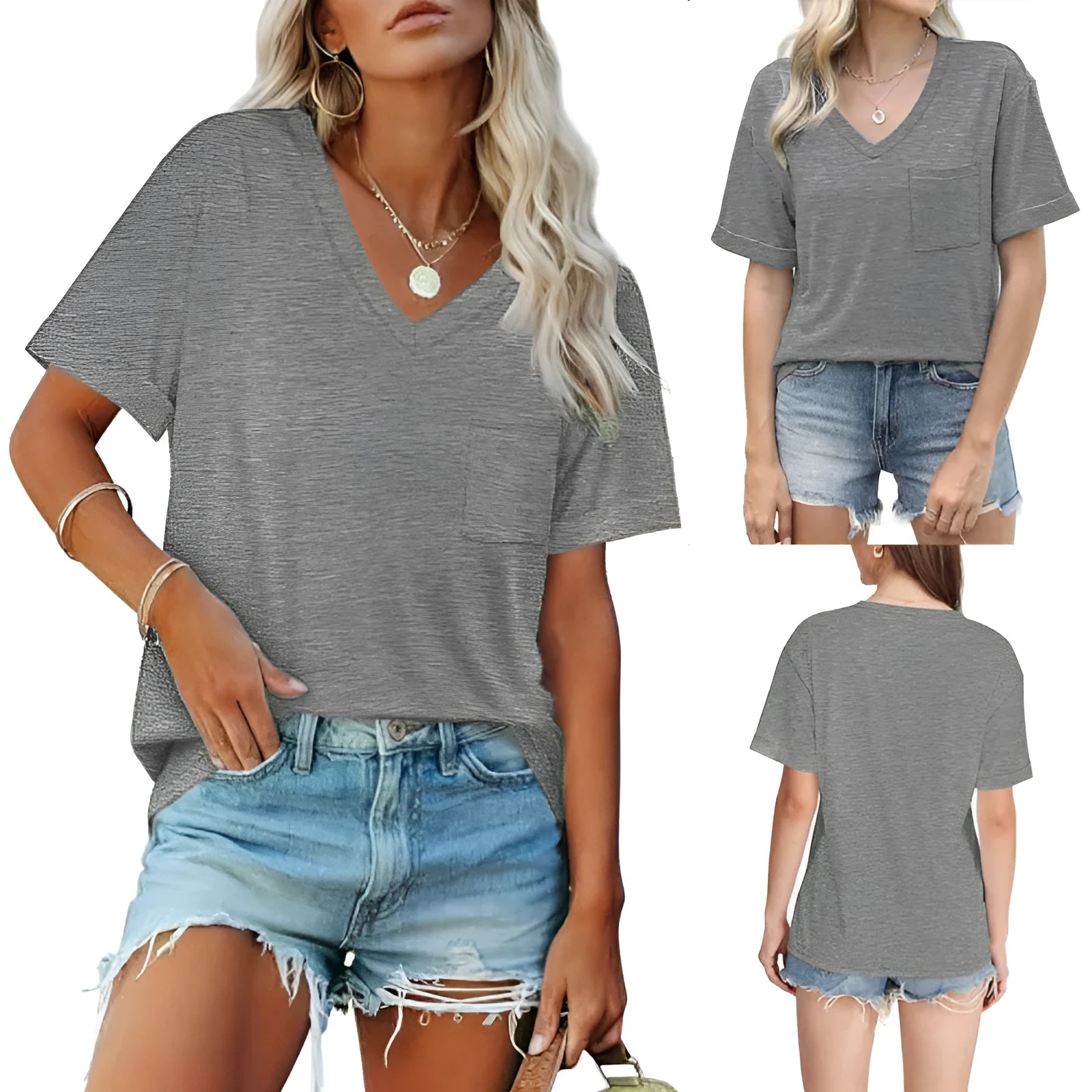 Grey men's loose fit V-neck t-shirt with a chest pocket, short sleeves, on a solid background.